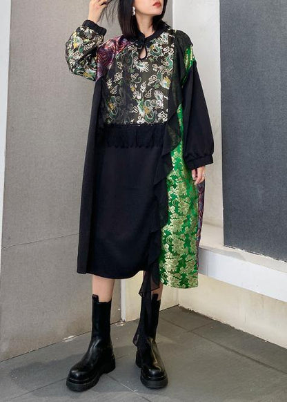 French Black Patchwork Print Dresses O Neck Lace Robe Dresses