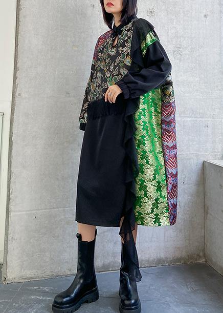 French Black Patchwork Print Dresses O Neck Lace Robe Dresses