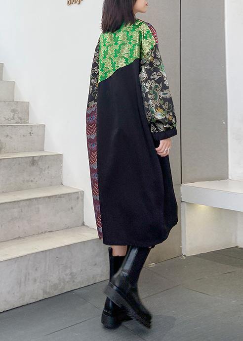 French Black Patchwork Print Dresses O Neck Lace Robe Dresses