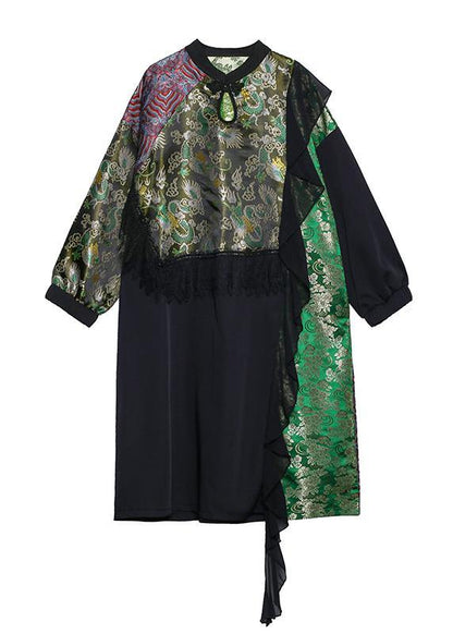 French Black Patchwork Print Dresses O Neck Lace Robe Dresses