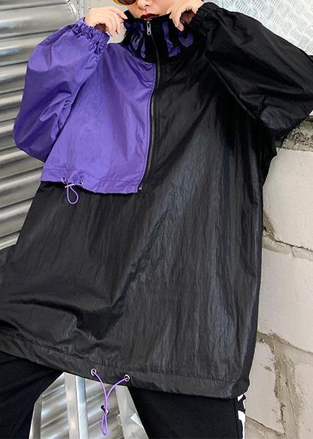 French Black Patchwork Purple Top Fabrics Drawstring Blouse