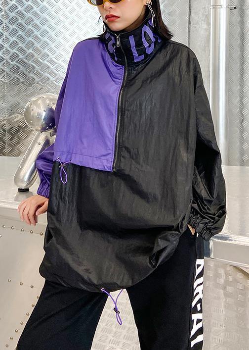 French Black Patchwork Purple Top Fabrics Drawstring Blouse