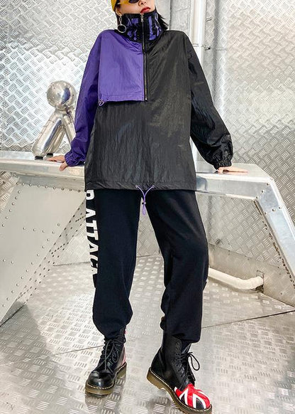 French Black Patchwork Purple Top Fabrics Drawstring Blouse