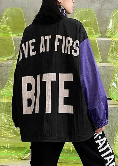 French Black Patchwork Purple Top Fabrics Drawstring Blouse