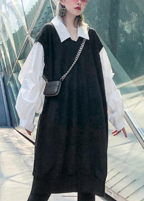 French Black Patchwork White Cotton Tunic Dress Lapel Cinched Long Dress