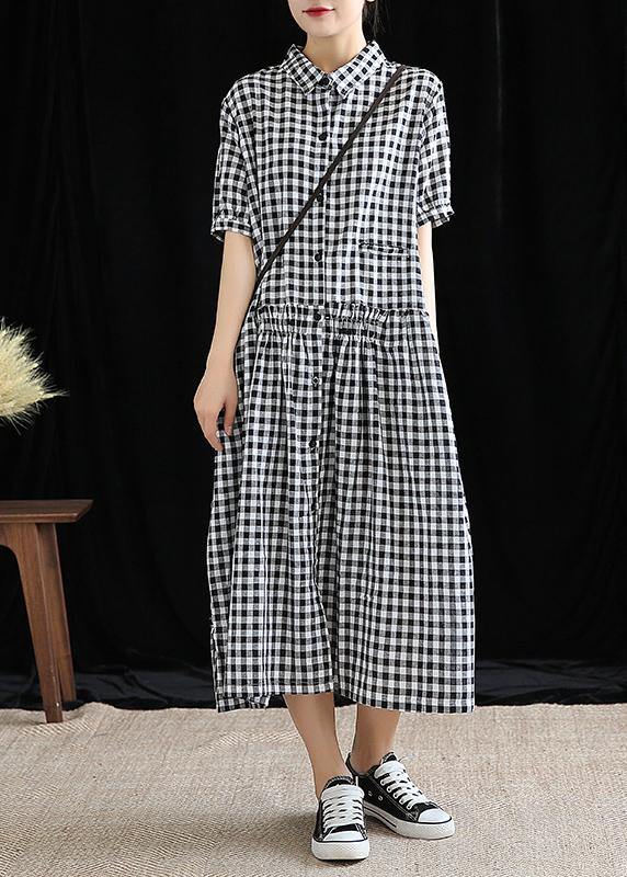 French Black Plaid Linen Long Shirts Lapel Cinched Cotton Robes Dress