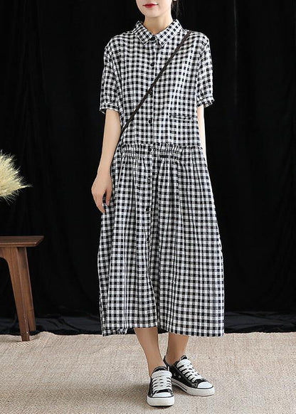 French Black Plaid Linen Long Shirts Lapel Cinched Cotton Robes Dress