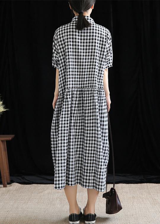 French Black Plaid Linen Long Shirts Lapel Cinched Cotton Robes Dress
