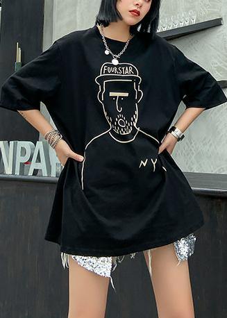 French Black Print Cotton Blouse O Neck Baggy Top