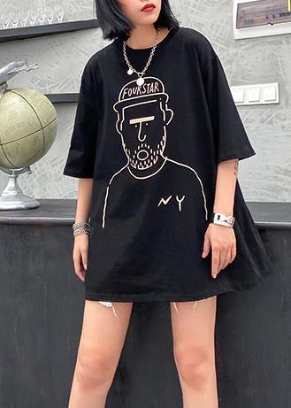 French Black Print Cotton Blouse O Neck Baggy Top