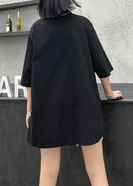 French Black Print Cotton Blouse O Neck Baggy Top