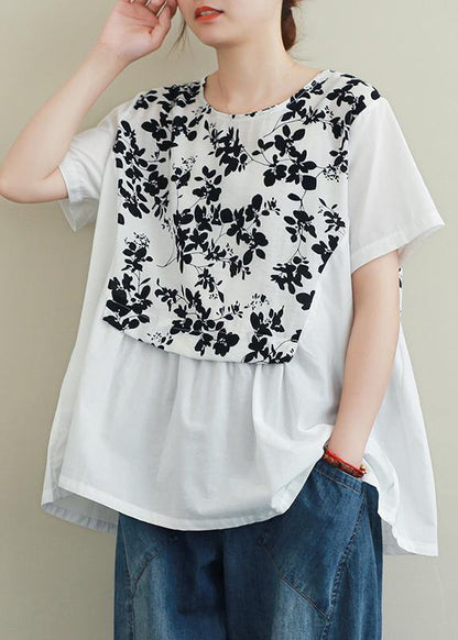 French Black Print Cotton Clothes for O Neck Patchwork Art Blouses