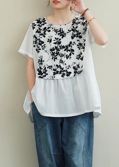 French Black Print Cotton Clothes for O Neck Patchwork Art Blouses