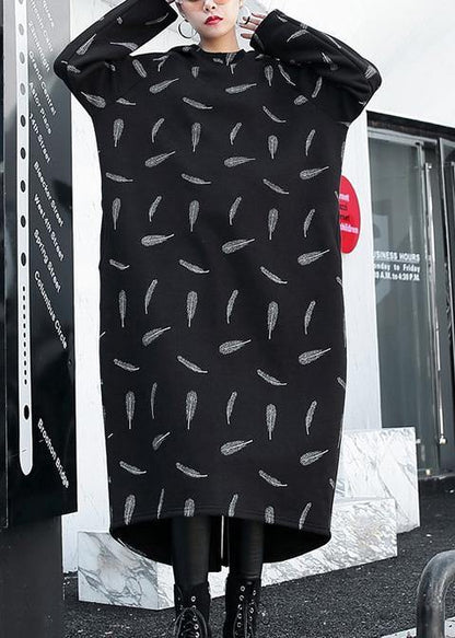 French Black Print Cotton Clothes Hooded Pockets a Line Dress