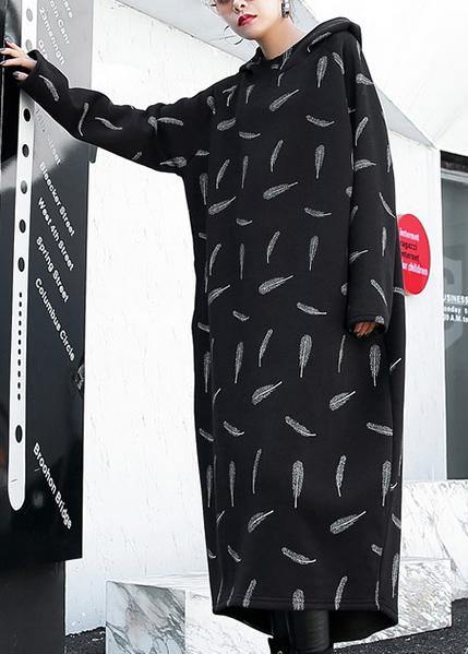 French Black Print Cotton Clothes Hooded Pockets a Line Dress