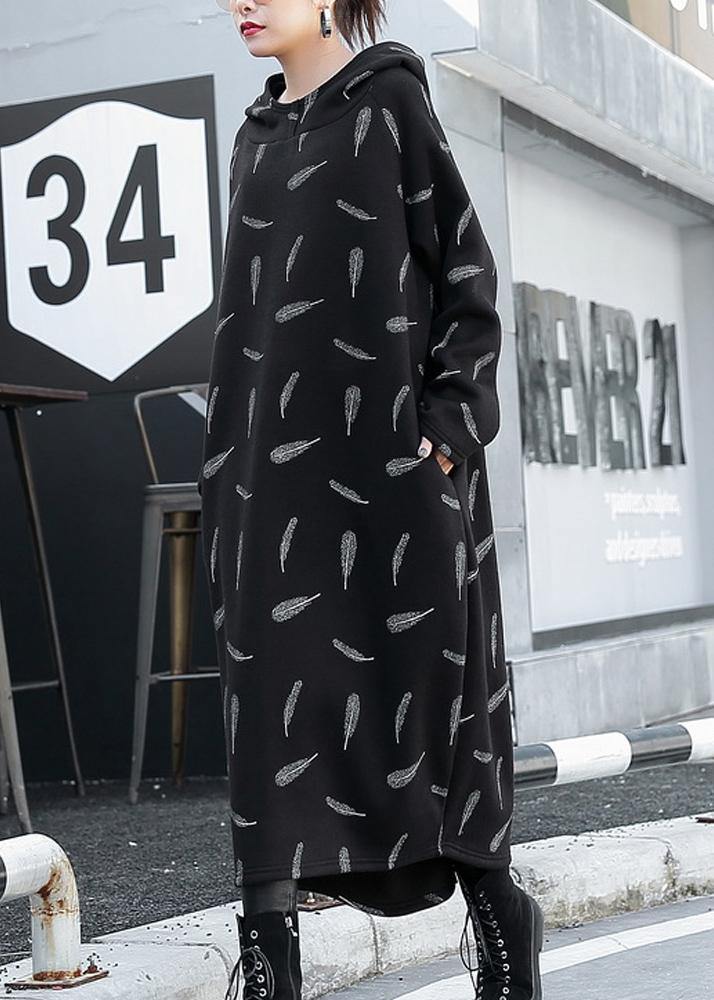French Black Print Cotton Clothes Hooded Pockets a Line Dress