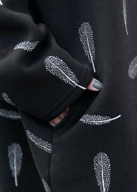 French Black Print Cotton Clothes Hooded Pockets a Line Dress
