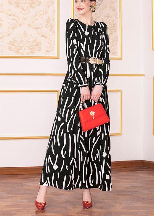 French Black Prints Chiffon Clothes Tie Waist Maxi Big Hem Dress