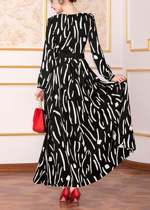 French Black Prints Chiffon Clothes Tie Waist Maxi Big Hem Dress
