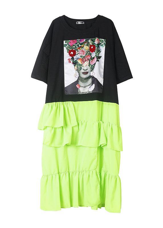 French Black Prints Cotton Clothes Asymmetric Hem Ruffles Loose Summer Dress