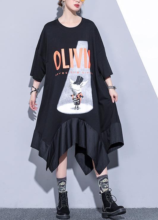 French Black Prints Cotton Clothes Asymmetric Hem Robe Summer Dress