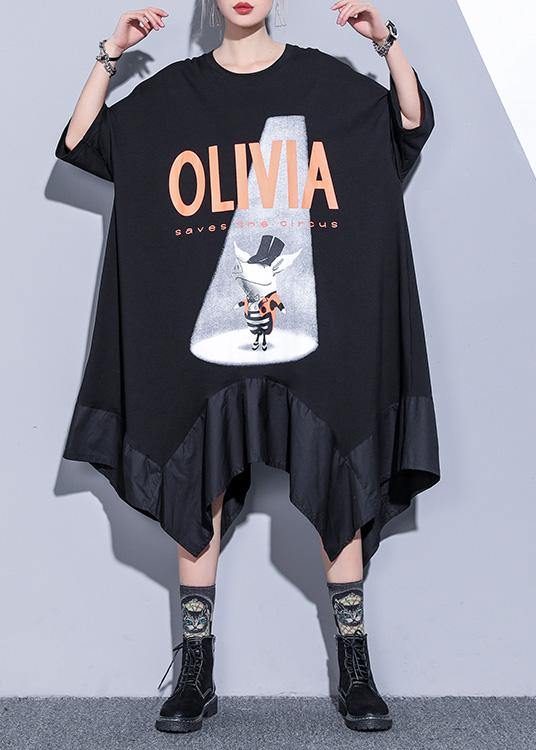French Black Prints Cotton Clothes Asymmetric Hem Robe Summer Dress