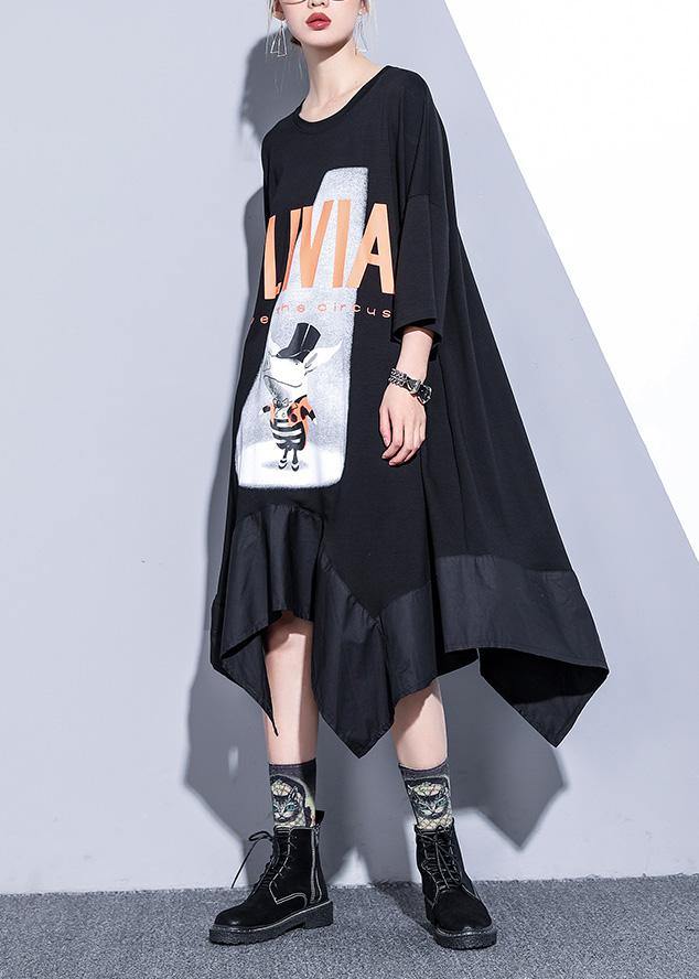 French Black Prints Cotton Clothes Asymmetric Hem Robe Summer Dress