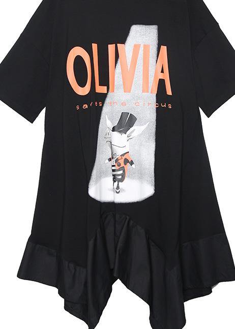 French Black Prints Cotton Clothes Asymmetric Hem Robe Summer Dress