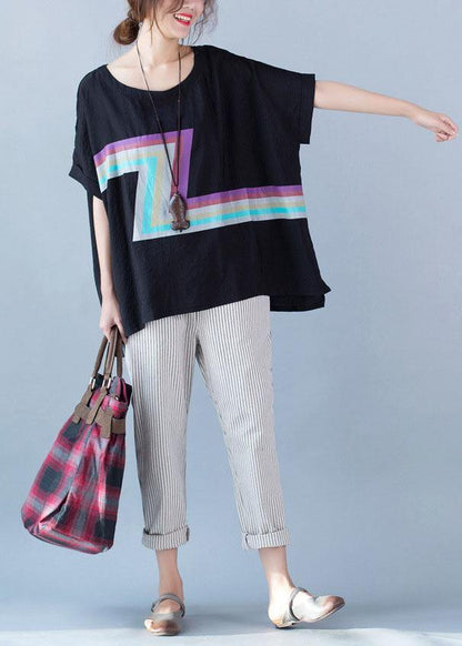 French Black Prints Linen Shirts Short Sleeve Clothing Summer Shirts