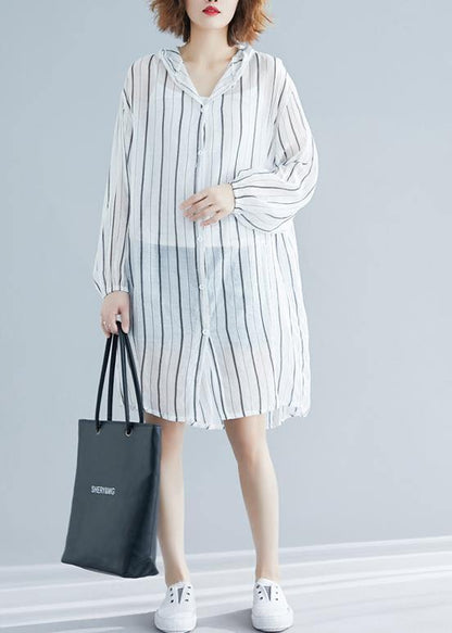 French Black Striped Chiffon Box Top Hooded Daily Summer Shirts