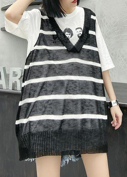 French Black Striped Shirts V Neck Summer Shirt