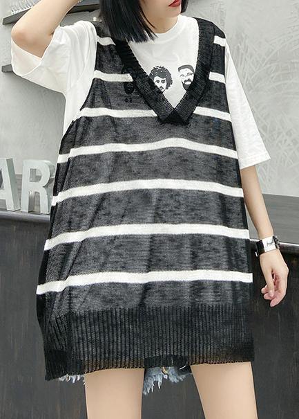 French Black Striped Shirts V Neck Summer Shirt