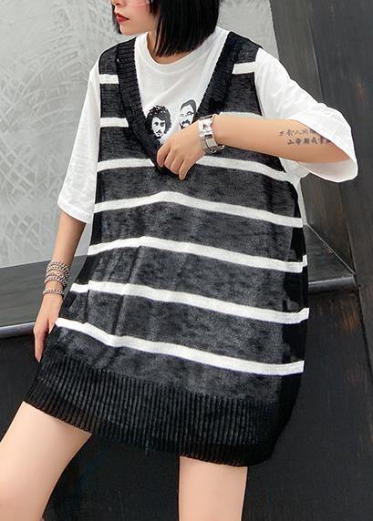 French Black Striped Shirts V Neck Summer Shirt