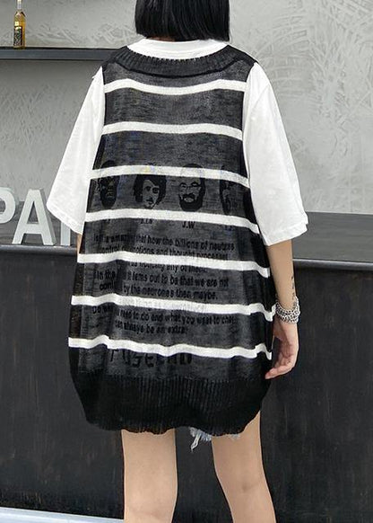 French Black Striped Shirts V Neck Summer Shirt