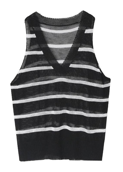 French Black Striped Shirts V Neck Summer Shirt