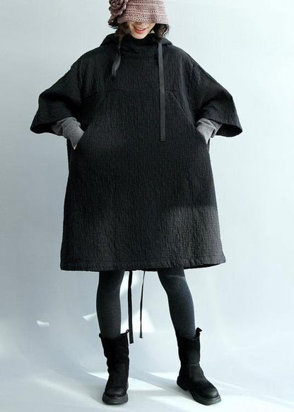 French Black Thick Cotton Clothes for Hooded Traveling Winter Dress