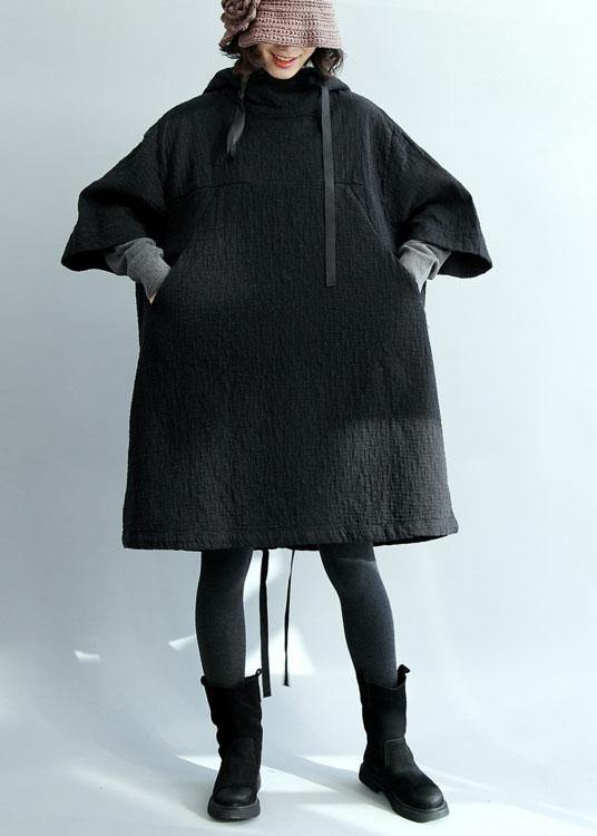 French Black Thick Cotton Clothes for Hooded Traveling Winter Dress