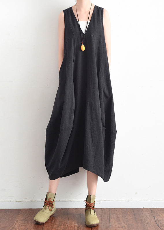 French Red V Neck Linen Clothes for Stylish Design Sleevless Loose Summer Dress