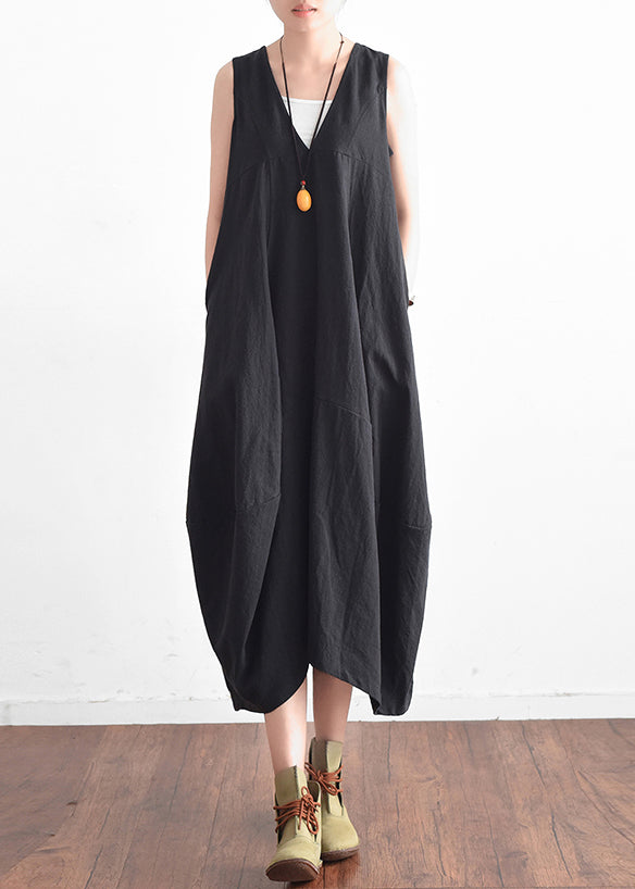 French Blue V Neck Linen Clothes for Stylish Design Sleevless Loose Summer Dress
