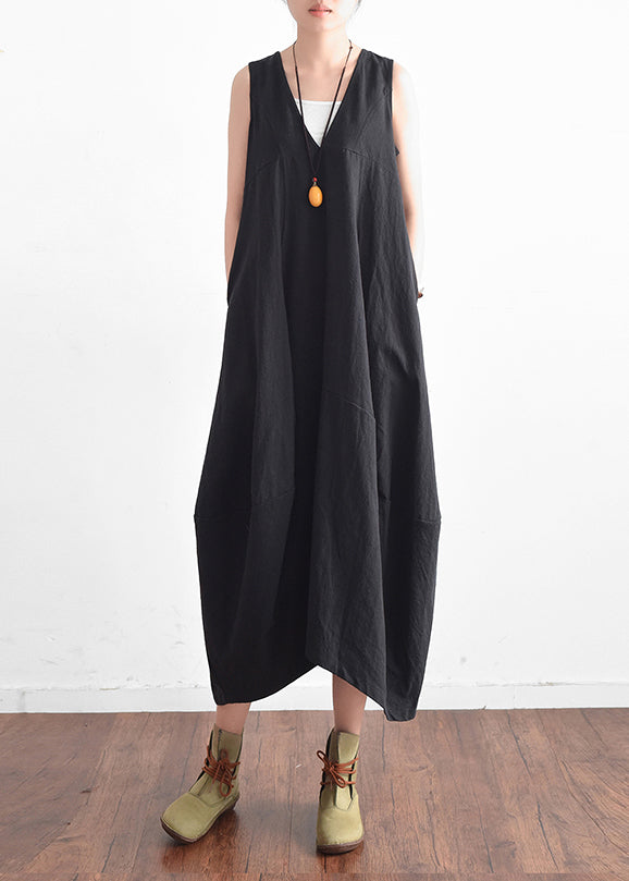 French Green V Neck Linen Clothes for Stylish Design Sleevless Loose Summer Dress