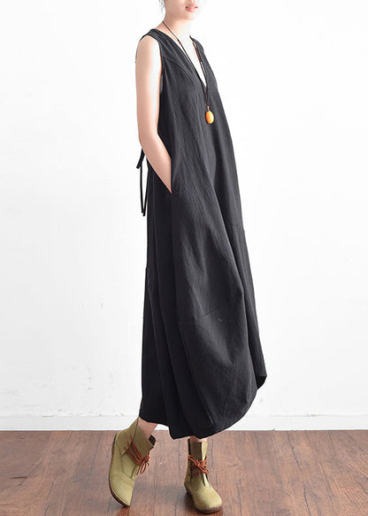 French Green V Neck Linen Clothes for Stylish Design Sleevless Loose Summer Dress