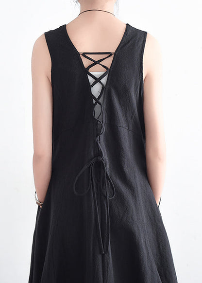 French Blue V Neck Linen Clothes for Stylish Design Sleevless Loose Summer Dress