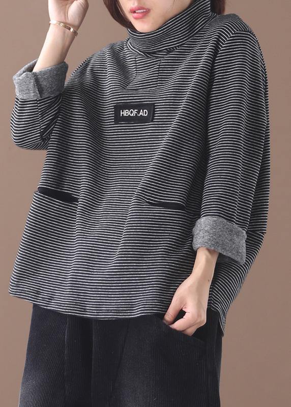 French Black White Striped Cotton Blouse Thick Box High Neck Shirt