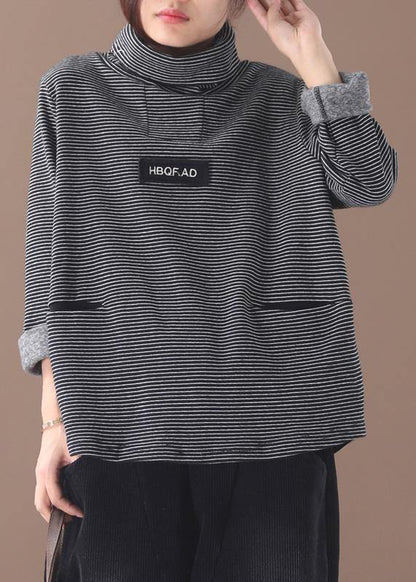French black white striped cotton Blouse thick box high neck shirt