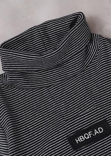 French Black White Striped Cotton Blouse Thick Box High Neck Shirt