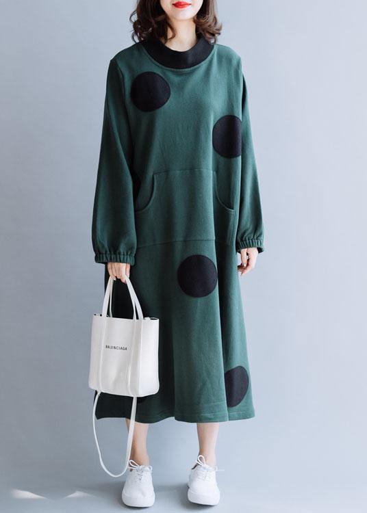 French Blackish Green Cotton Dresses Patchwork Pockets Loose Fall Dresses