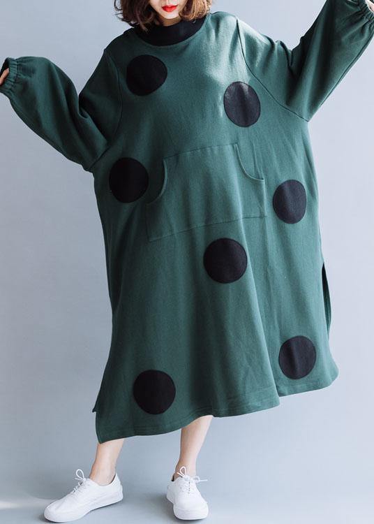 French Blackish Green Cotton Dresses Patchwork Pockets Loose Fall Dresses