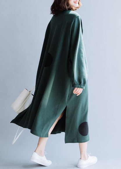 French Blackish Green Cotton Dresses Patchwork Pockets Loose Fall Dresses