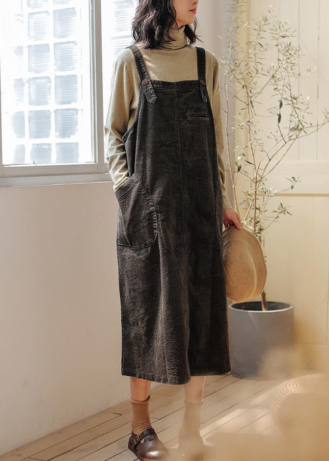 French Dark Gray Cotton Quilting Clothes Spaghetti Strap Pockets Maxi Dresses