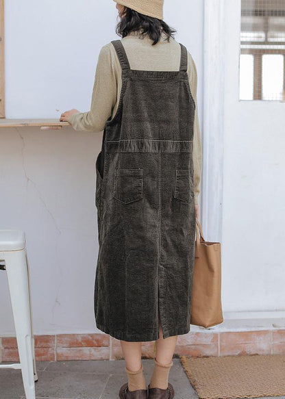 French Dark Gray Cotton Quilting Clothes Spaghetti Strap Pockets Maxi Dresses